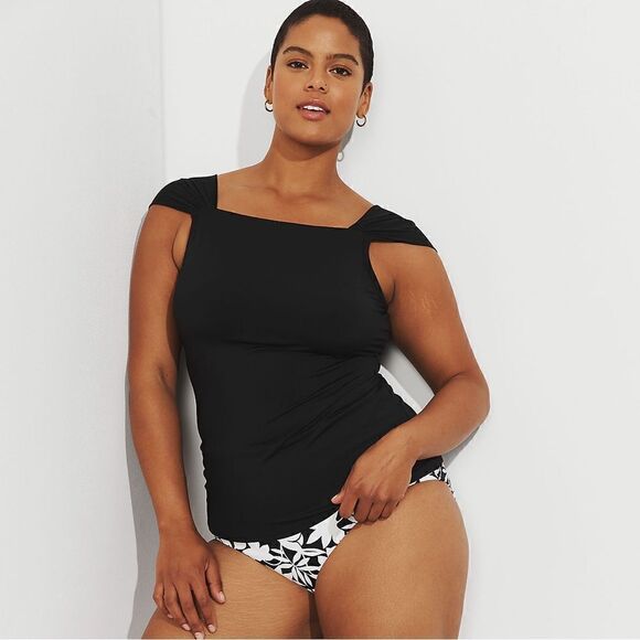 Land's End Plus Standard size cap sleeve high neck tankini top Black Various - Picture 3 of 9